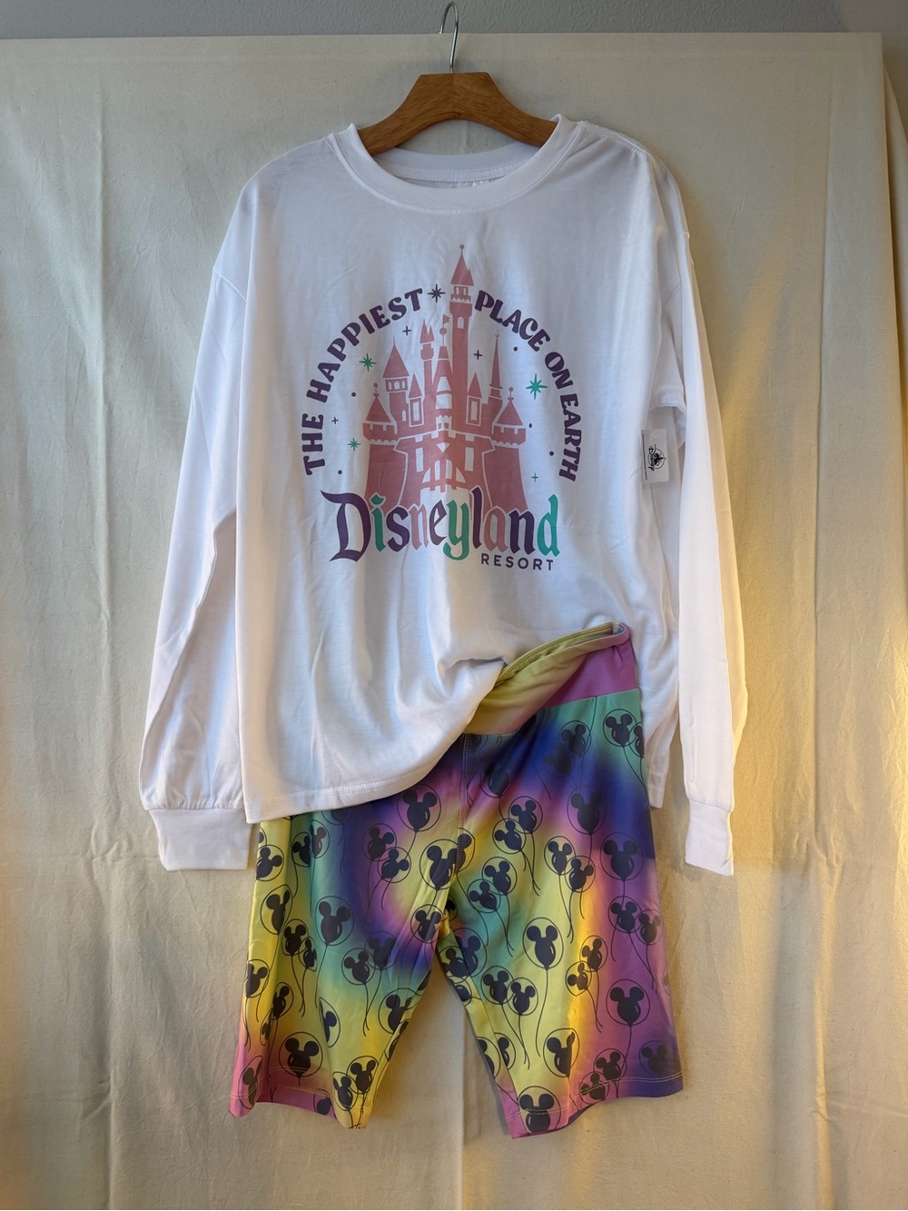Disney Rainbow Mickey Balloon Bike Shorts with White Disneyland Long Sleeve Tee